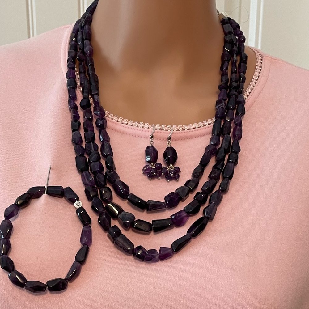 Amethyst Nugget 3 Piece Set Necklace Bracelet Earrings